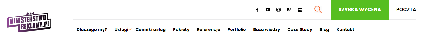 obrazek przedstawia górną sekcję strony internetowej - header i jego charakterystyczne elementy - logo firmy, nawigacje, czy skróty do firmowych sociali