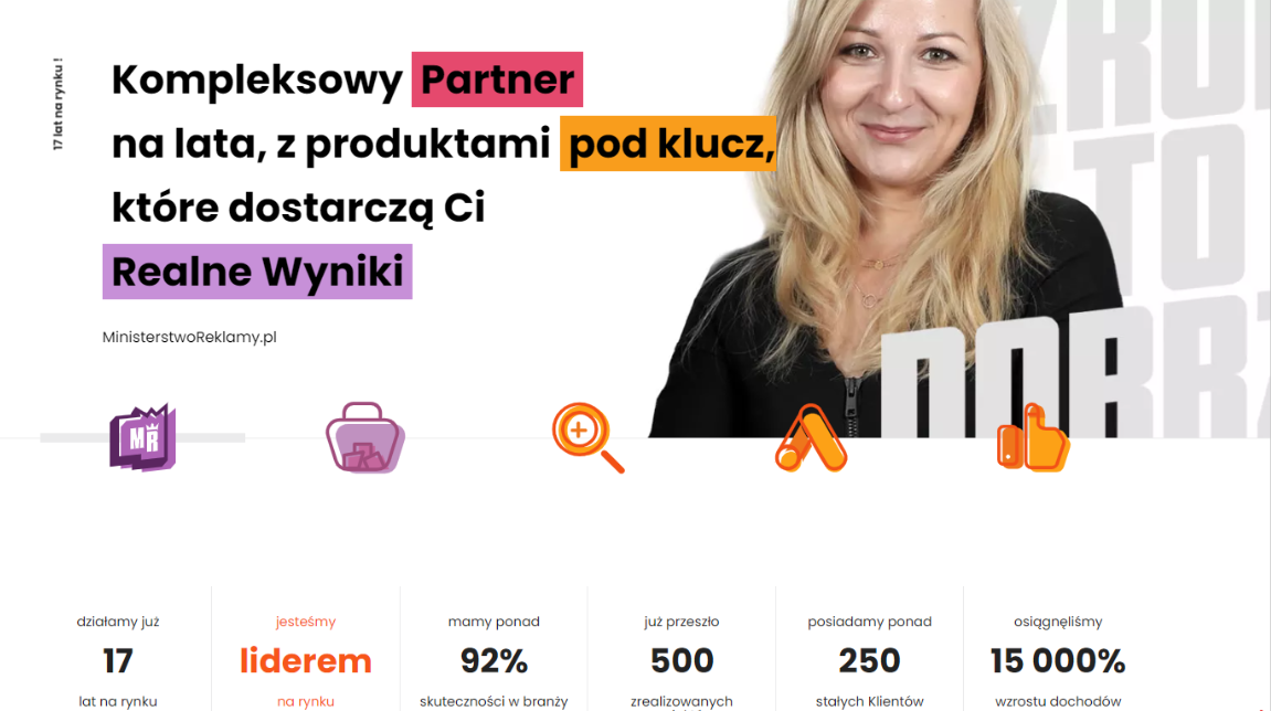 obraz przedstawia hero section strony internetowej ministerstwo reklamy, które zawiera charakterystyczne elementy hero section, takie jak duża czcionka, opis osiągnięć, a także najważniejsze elementy oferty
